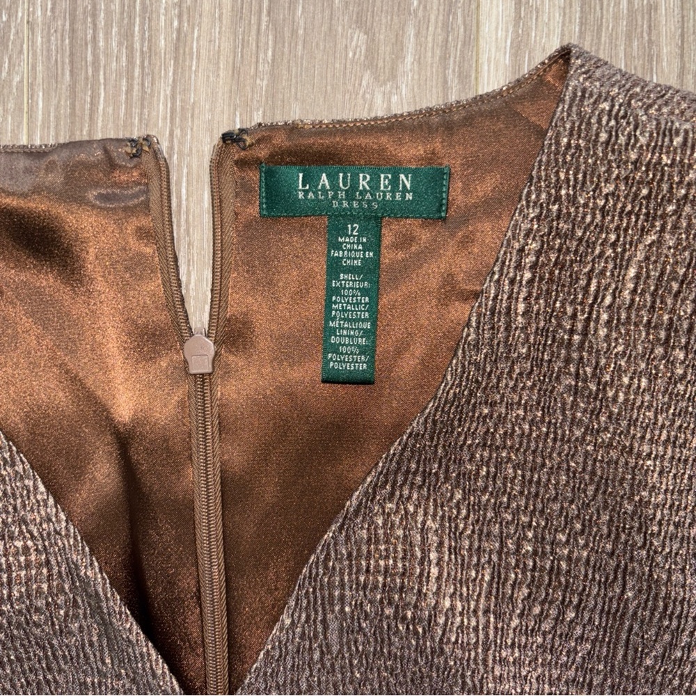 Lauren Ralph Lauren Evening Bronze Brown Sparkle Metallic Dress Stretchy Size 12 - Picture 3 of 5